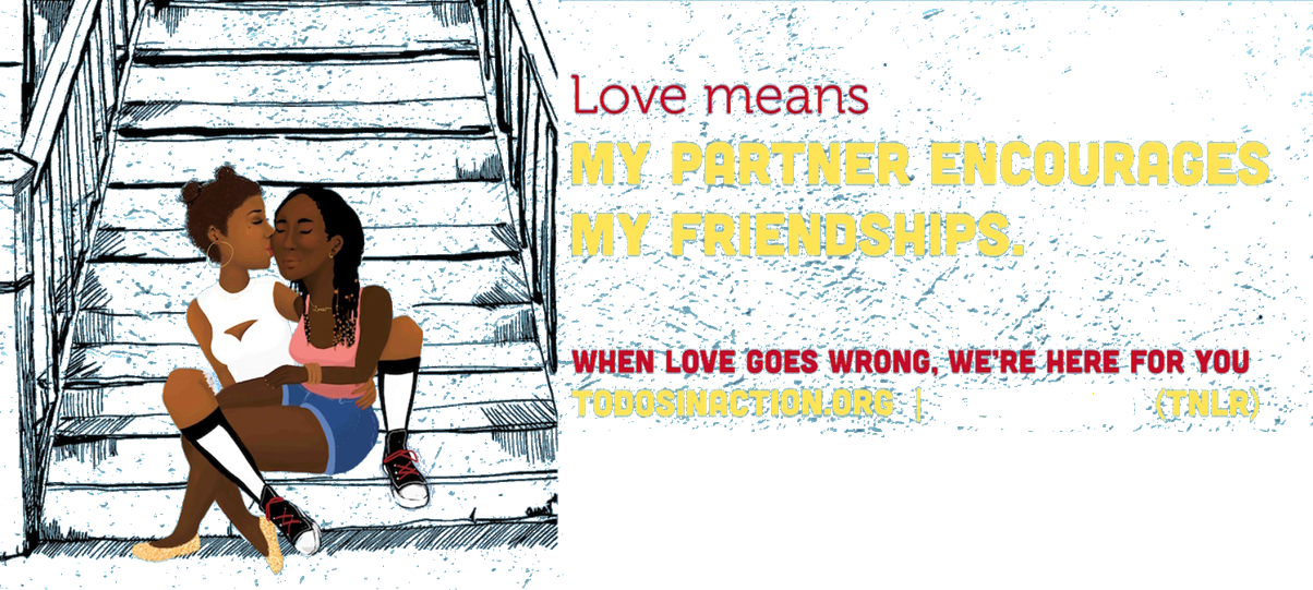 Drawing of two people sitting on front steps of a building with the title 'Love Means: My Partner Encourages My Friendships'